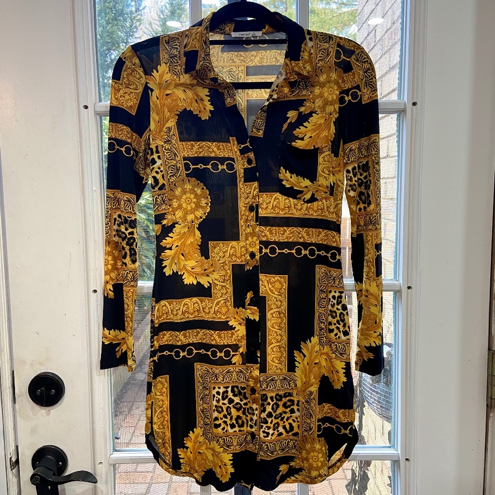 Timing Button Down Gold Print Dress